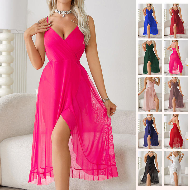 Ladies' Erotic Nightgown Super Sexy Suspender V-Neck Backless Slit Long Skirt Fashionable Waist Cinching Lace Dress