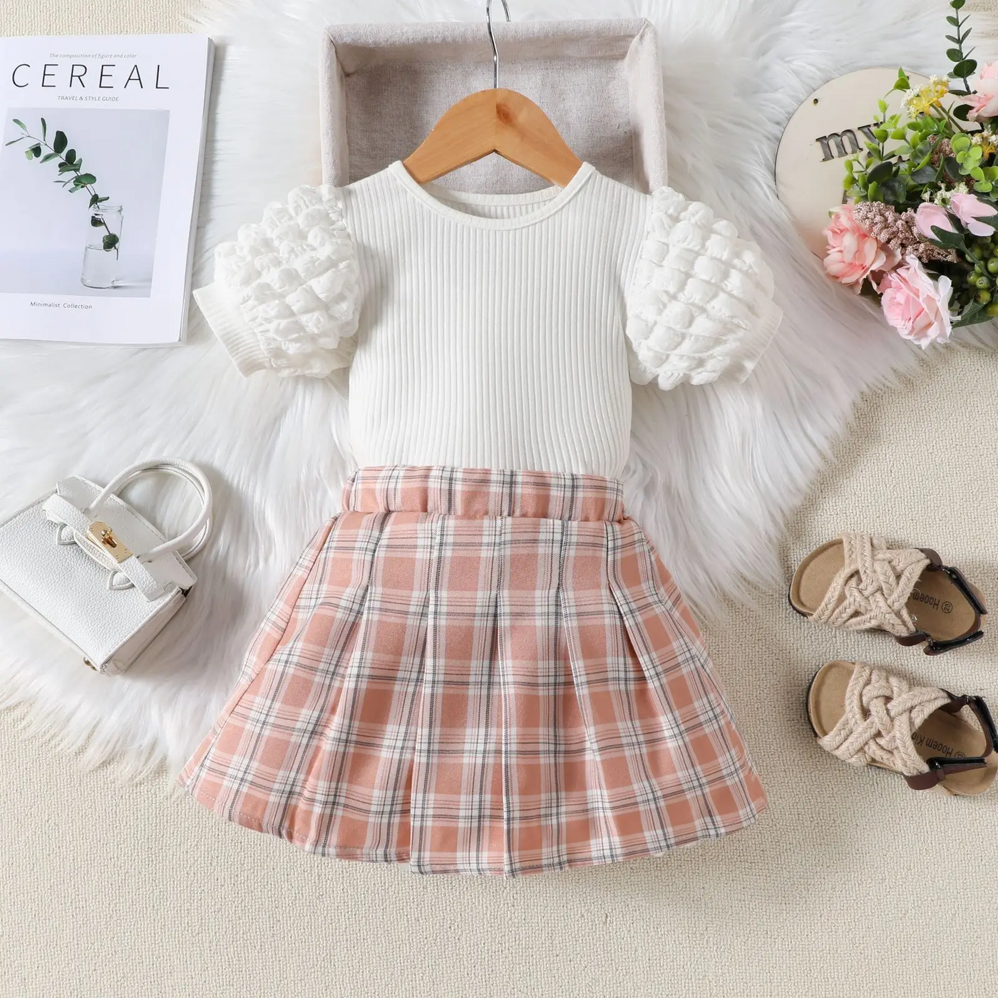 Pullover Short Sleeve White Top Plaid Skirt 2PCS Girls Suit Sweet Girls Dresses