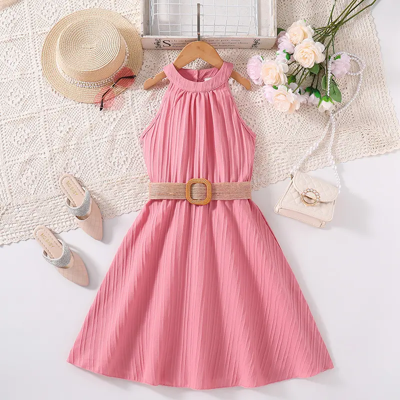 Girl's Clothing Sleeveless Beach Thin Light Sweet Kids Dress Sweet Pink