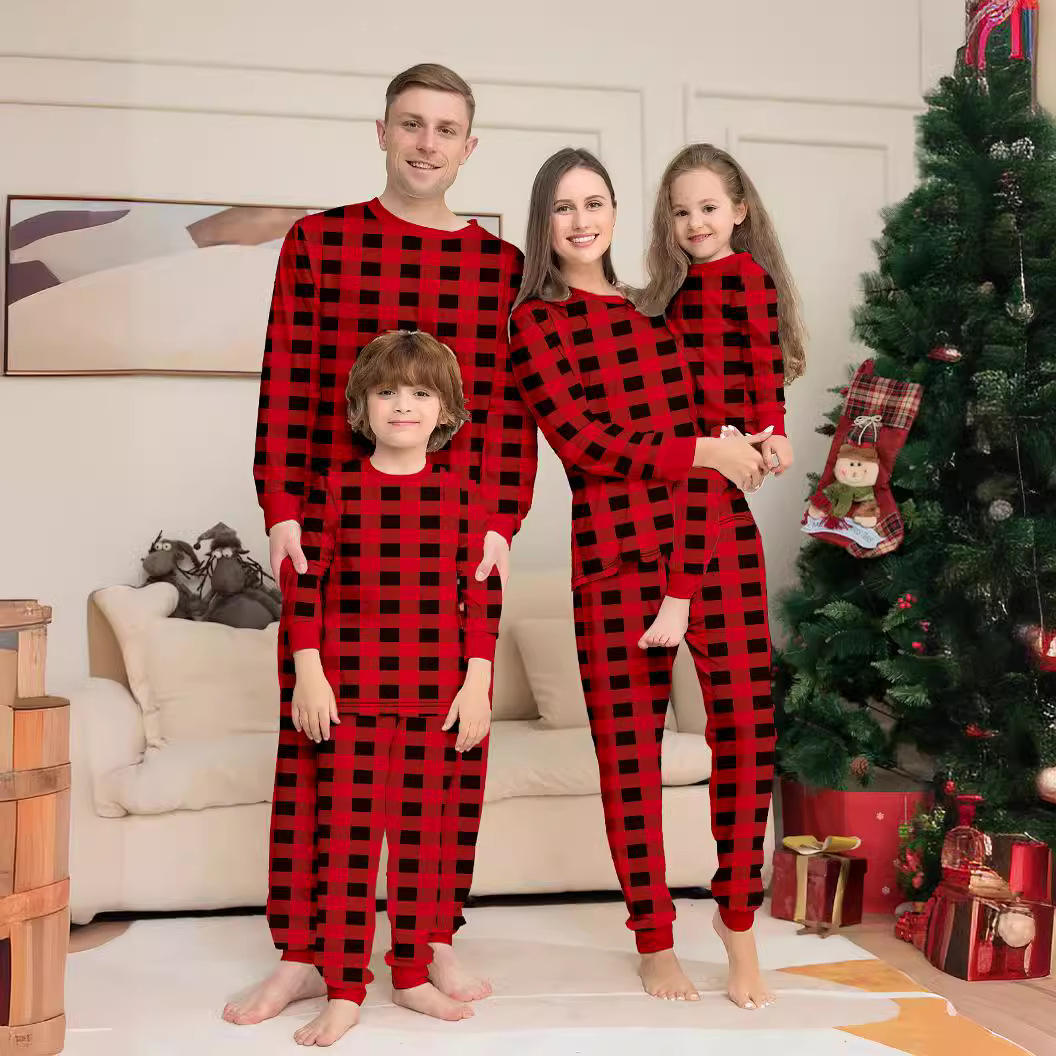 Contrasting Black And Red Checkered Long Sleeved Parent-Child Set Pajamas And Home Clothes