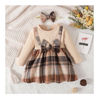 Spring & Autumn plaid long sleeve dress with bow FSH
