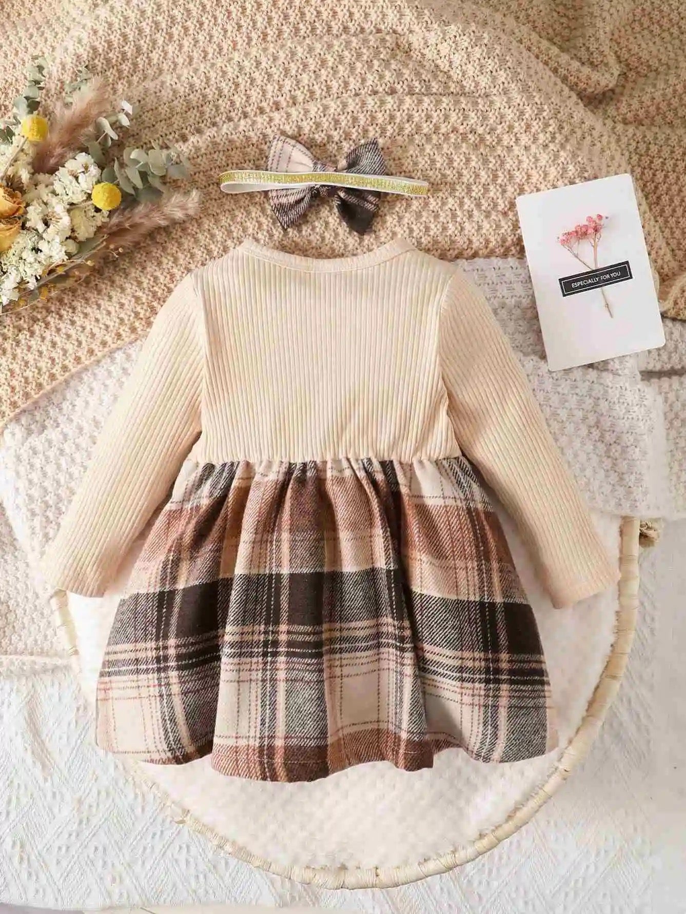 Spring & Autumn plaid long sleeve dress with bow FSH