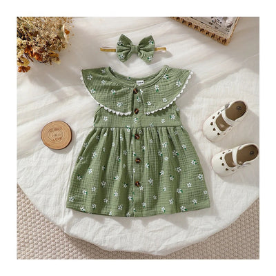 Summer litter girl muslin sleeveless ruffle shoulder floral print flutter button dress FSH