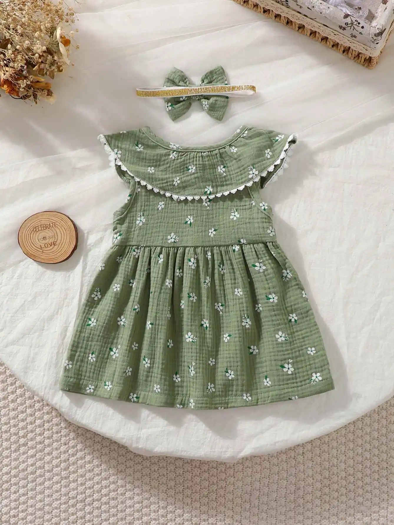 Summer litter girl muslin sleeveless ruffle shoulder floral print flutter button dress FSH