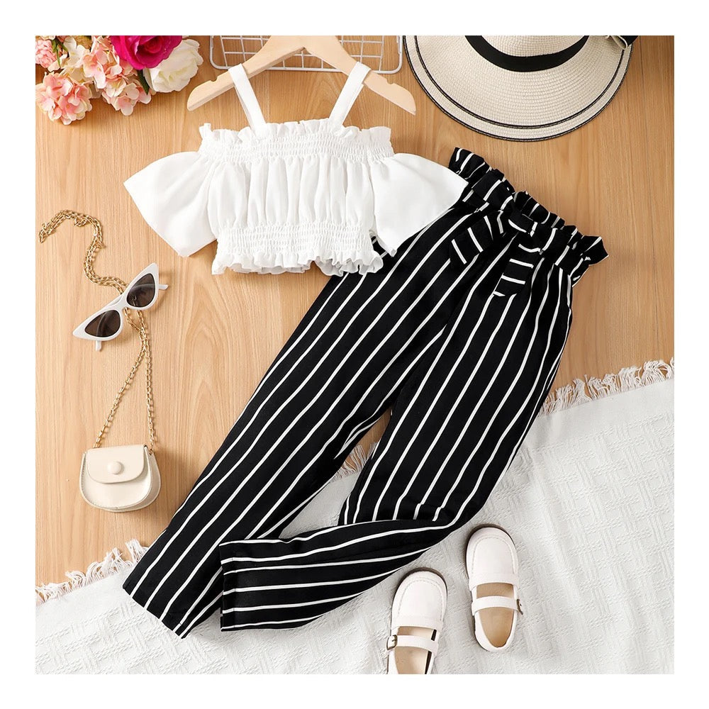 Korean suspender short sleeve tops striped pants two piece FSH