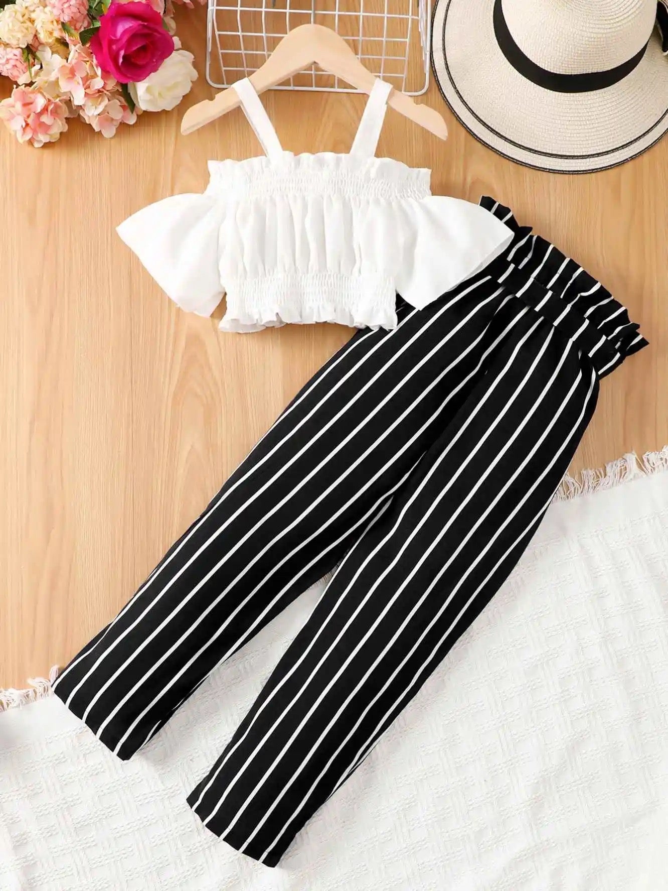 Korean suspender short sleeve tops striped pants two piece FSH