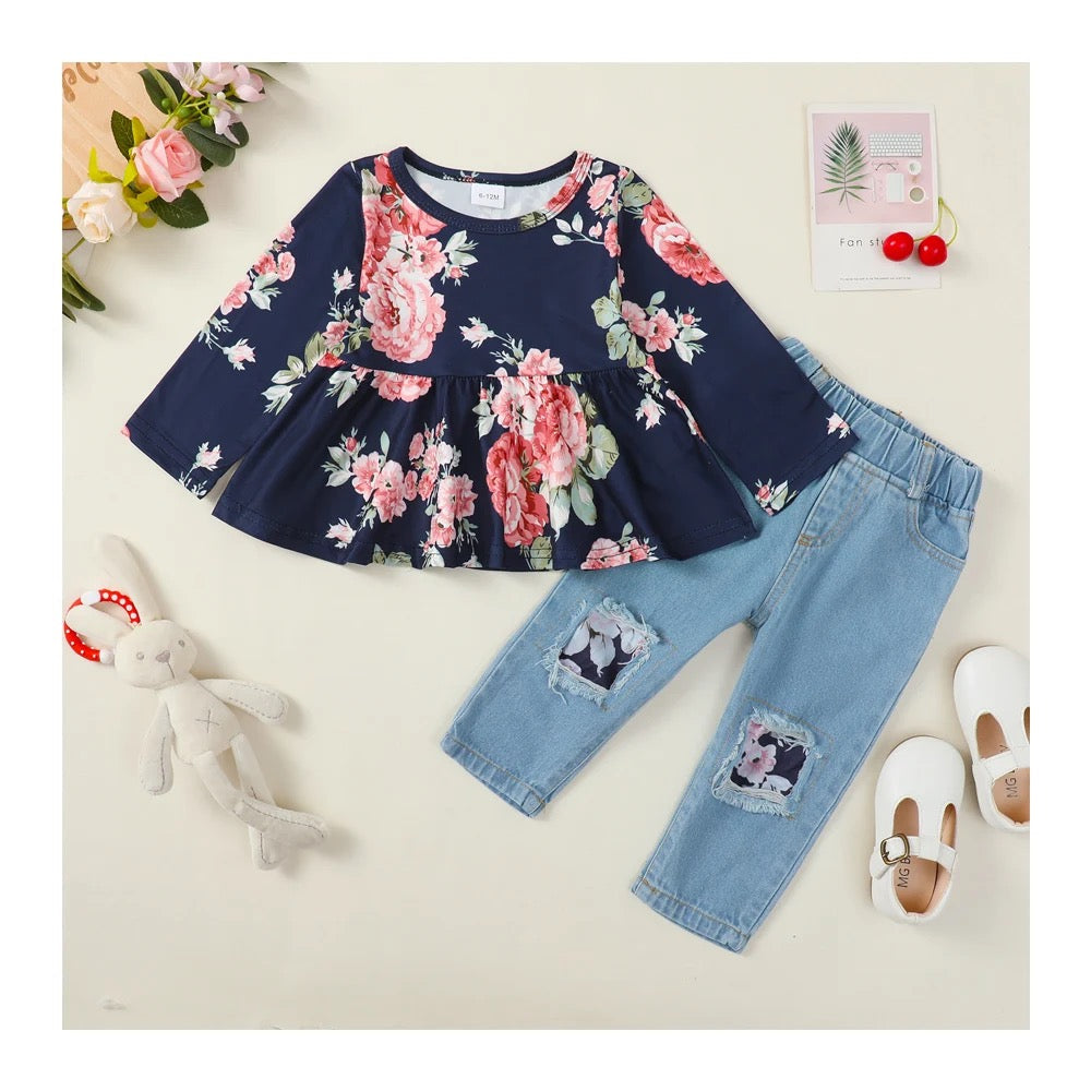 Kids floral long sleeve pant set flower ruffle top two piece set FSH