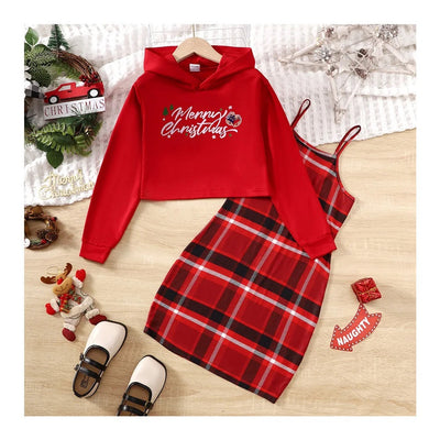 Kids Christmas two piece outfit top+suspender dress set FSH