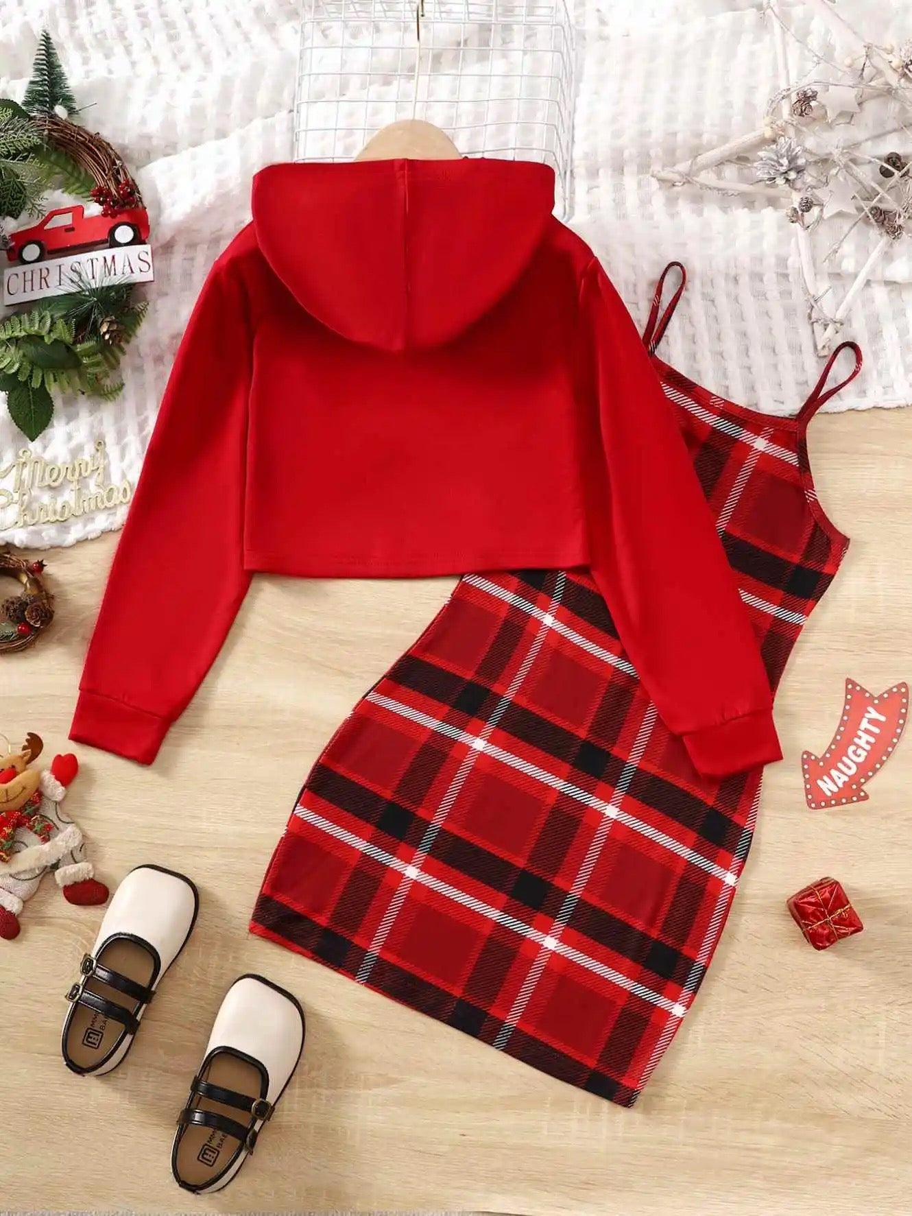 Kids Christmas two piece outfit top+suspender dress set FSH