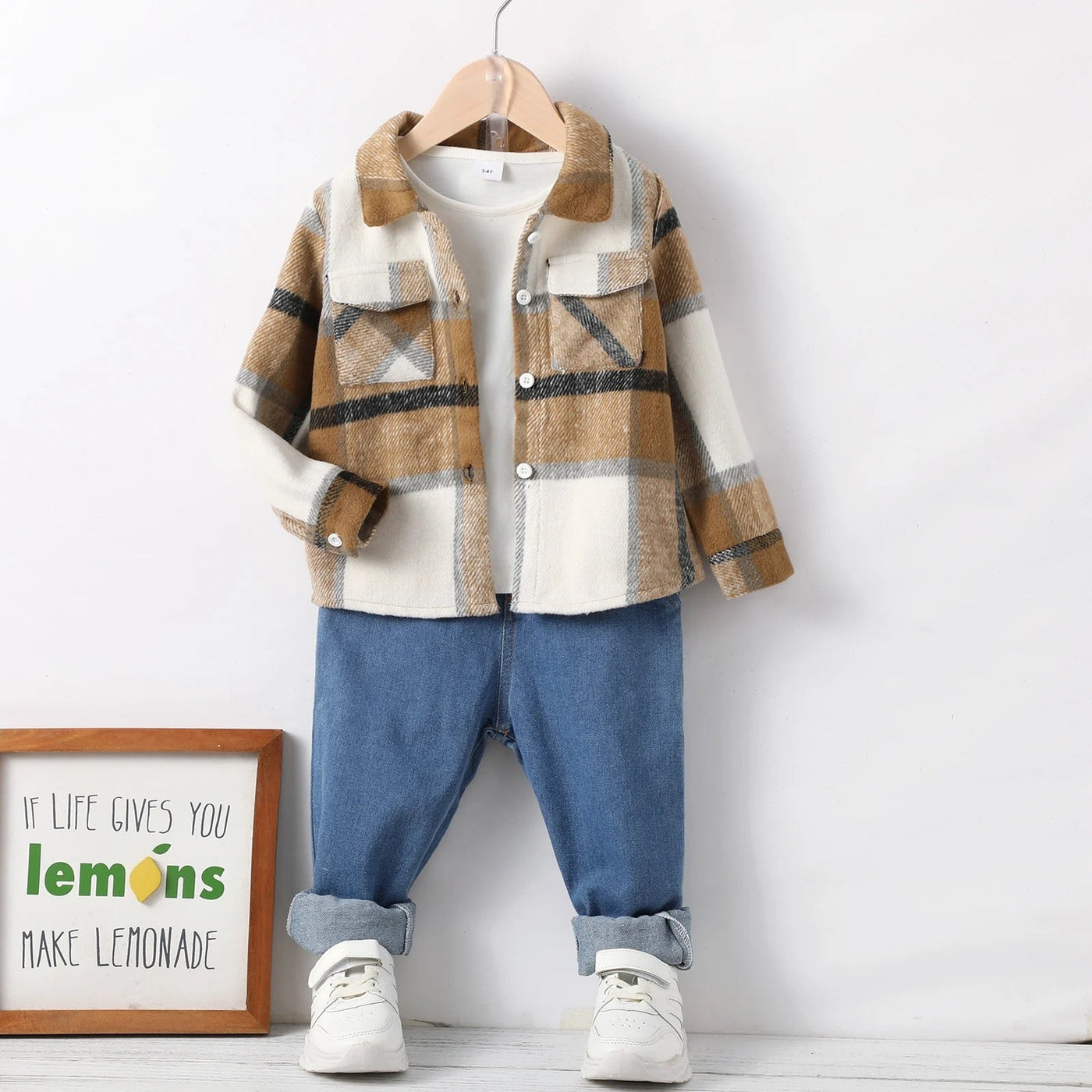 Boys khaki plaid long sleeve denim pants set FSH