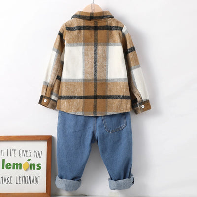 Boys khaki plaid long sleeve denim pants set FSH