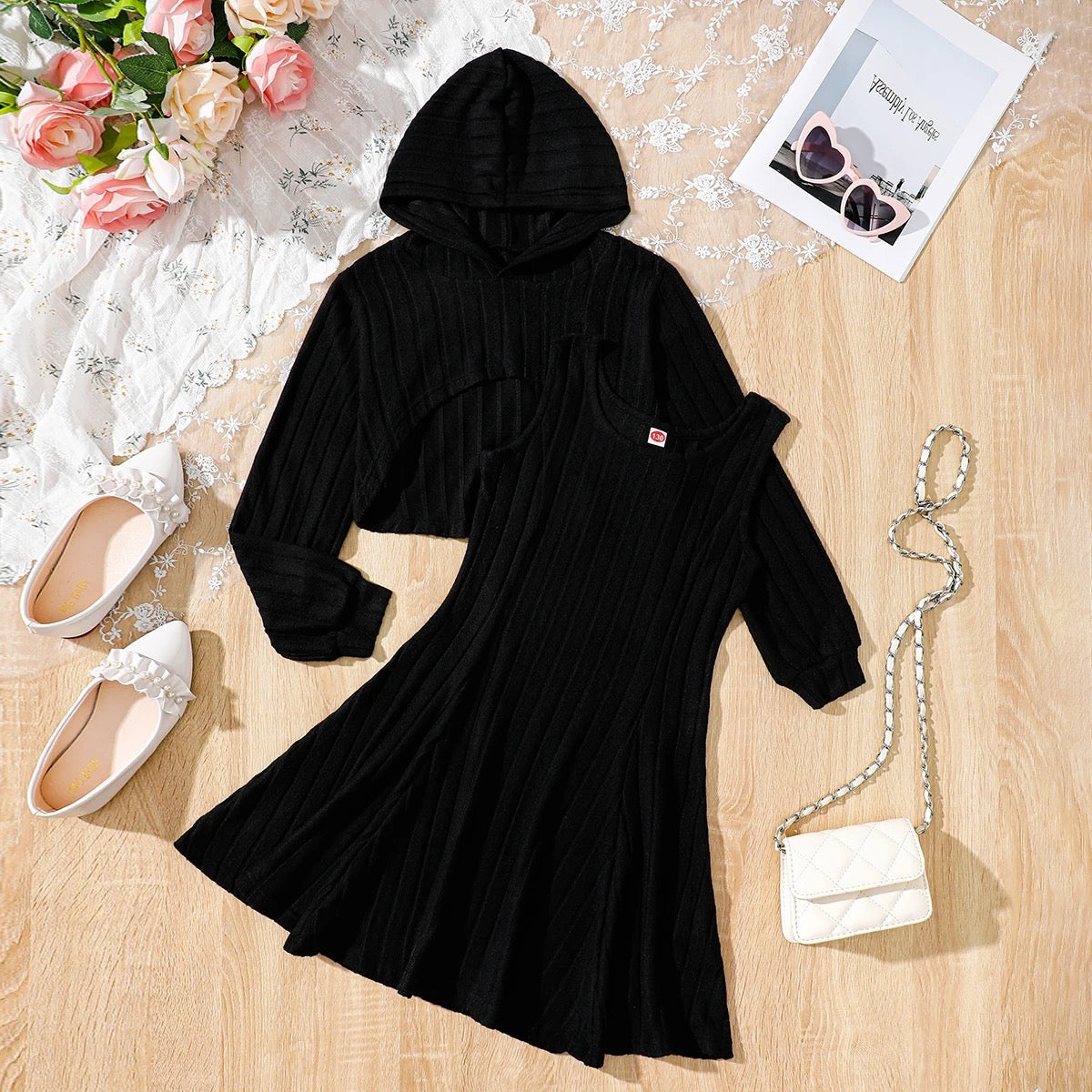 Girls long sleeve casual 2 Pc hooded knit dress FSH