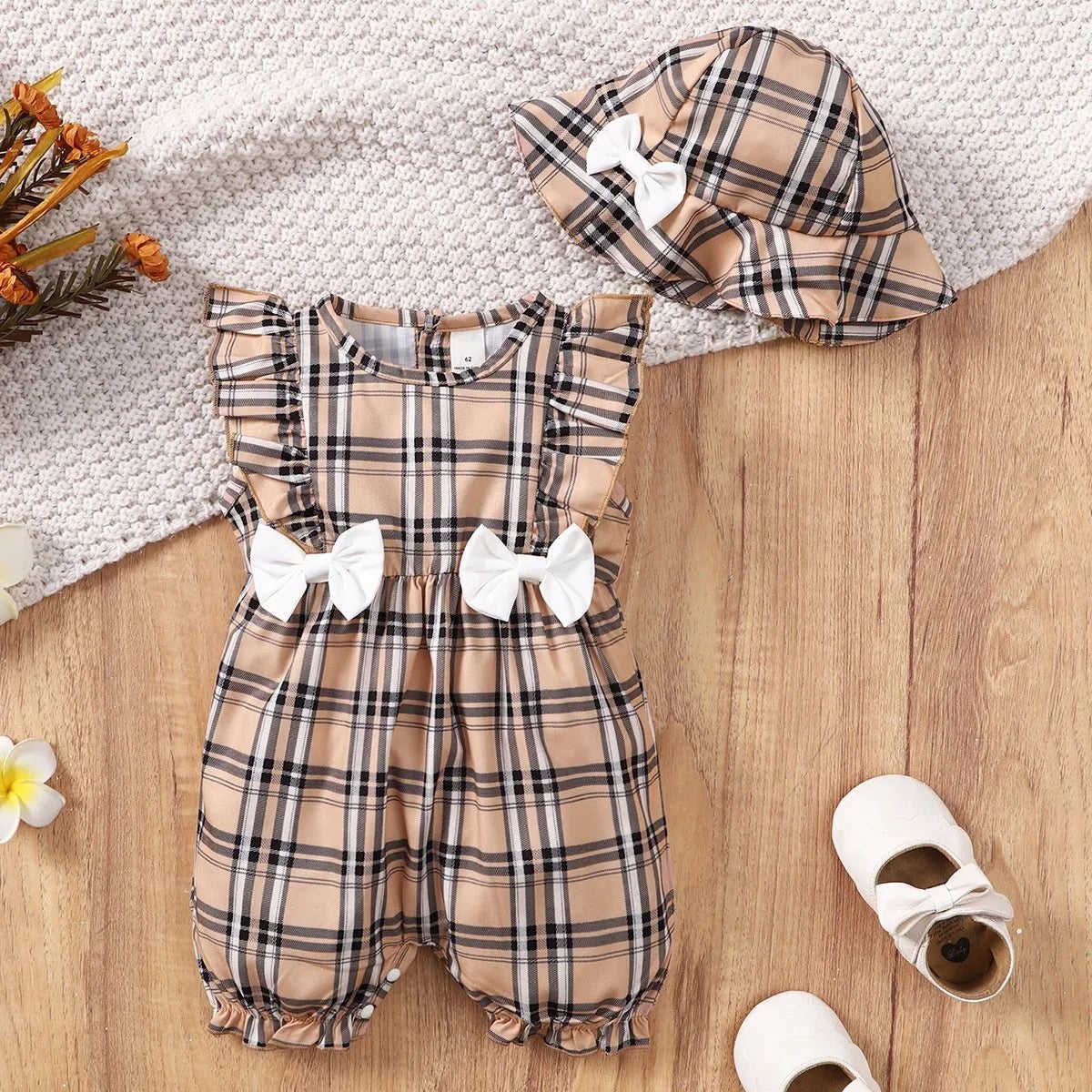 Infant romper plaid khaki set FSH