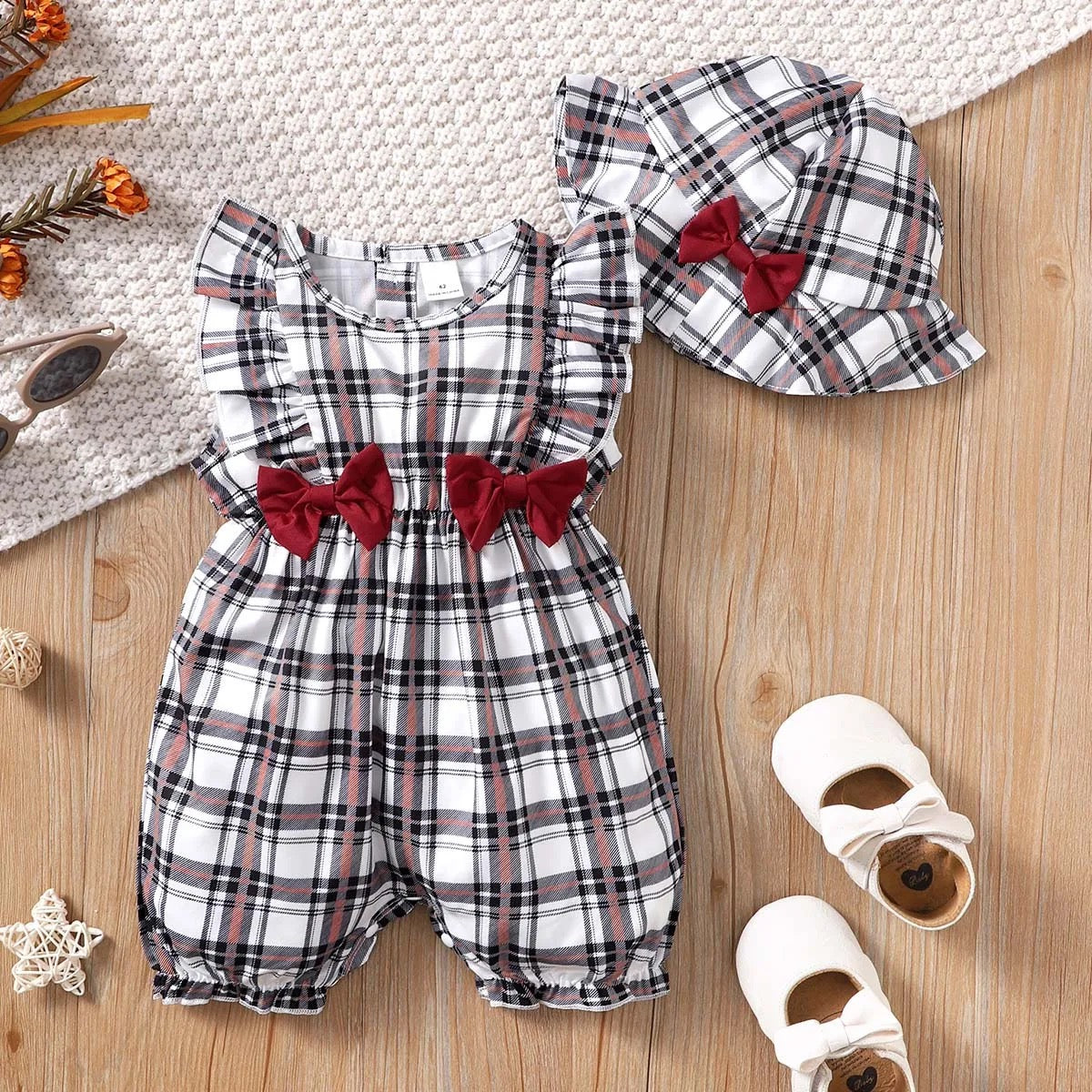 Infant romper plaid khaki set FSH