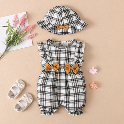 Infant romper plaid khaki set FSH
