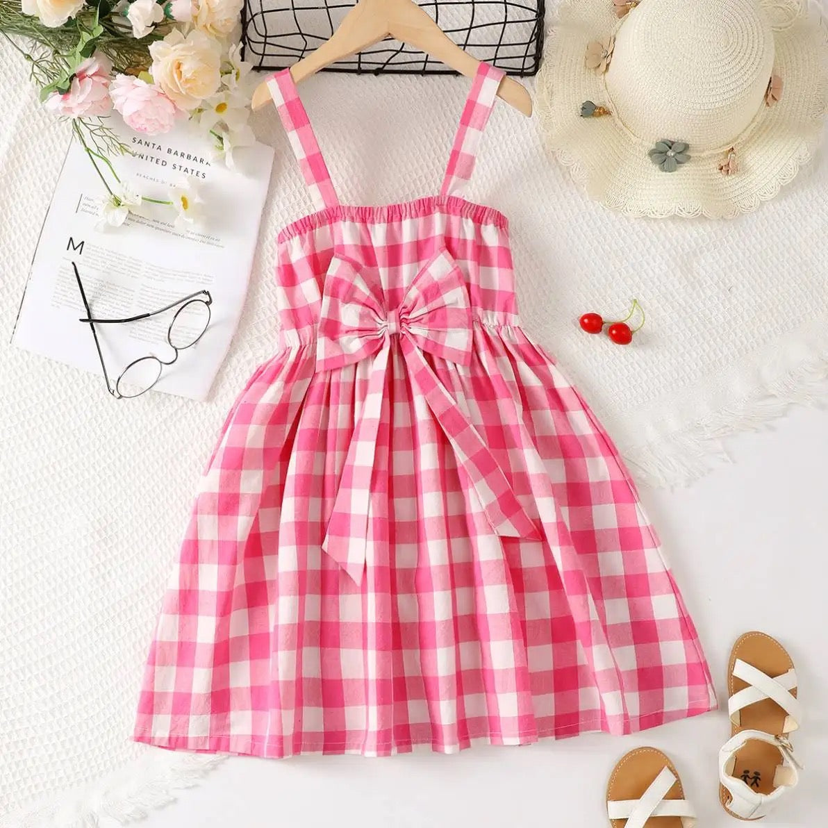 Girls summer bow design spaghetti strap dress FSH