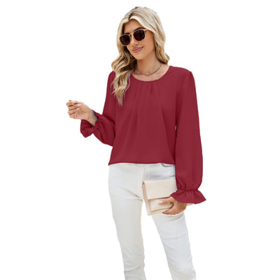 Women's Round Neck Long Sleeve Loose Chiffon Shirt Top
