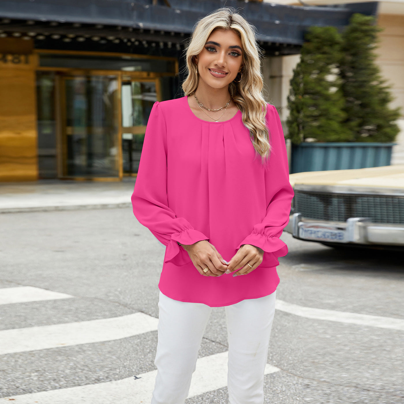 Women's Round Neck Long Sleeve Loose Chiffon Shirt Top