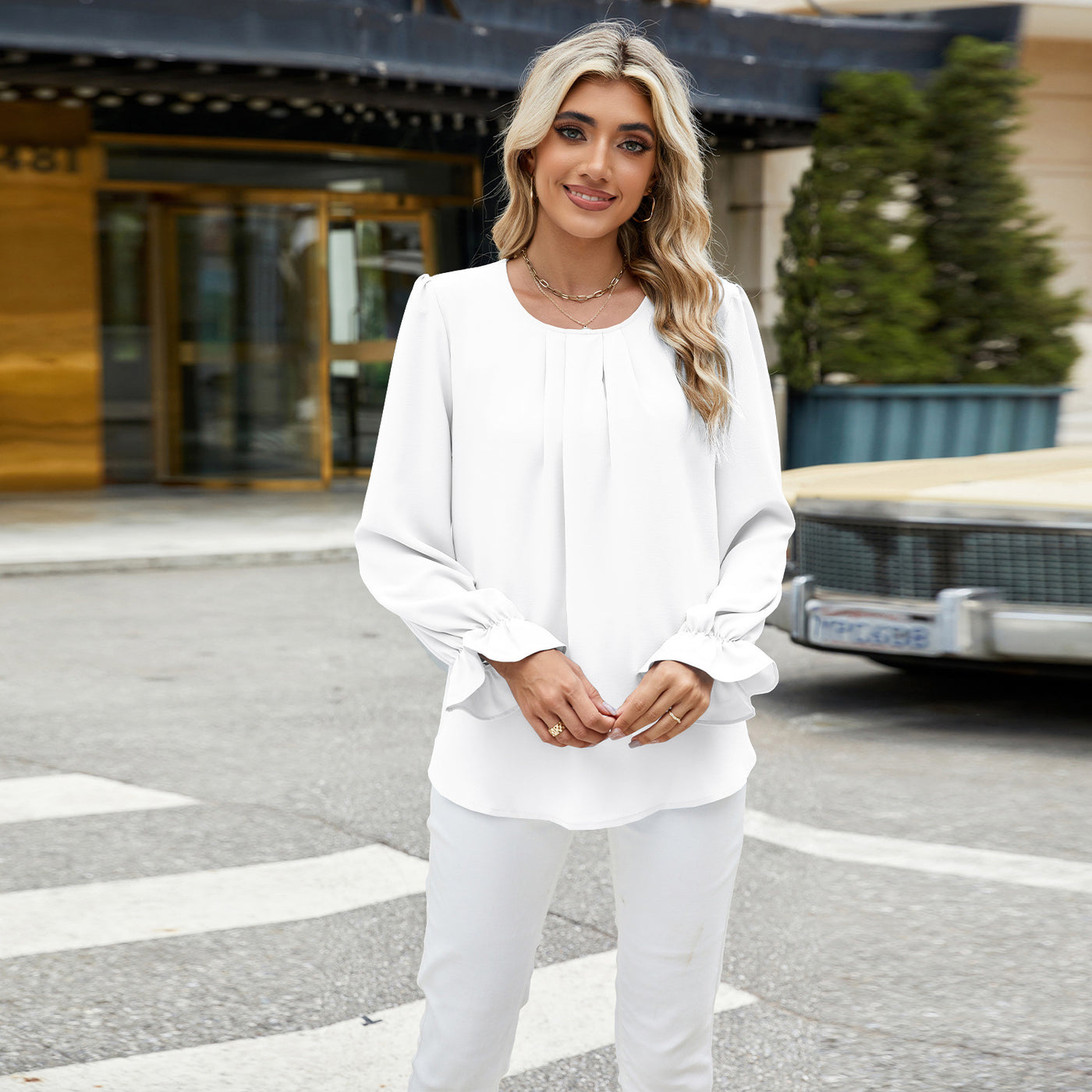 Women's Round Neck Long Sleeve Loose Chiffon Shirt Top