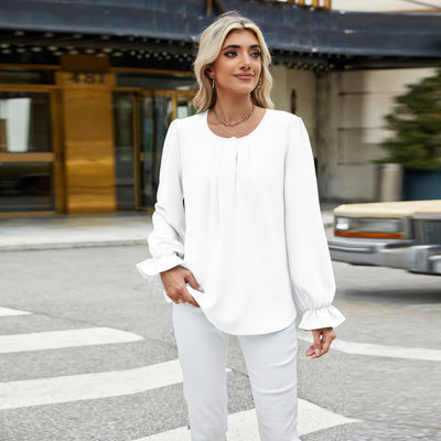 Women's Round Neck Long Sleeve Loose Chiffon Shirt Top