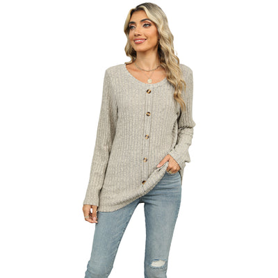 Women's Single-breasted Round Neck Long-sleeved T-shirt
