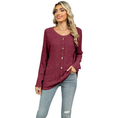 Women's Single-breasted Round Neck Long-sleeved T-shirt