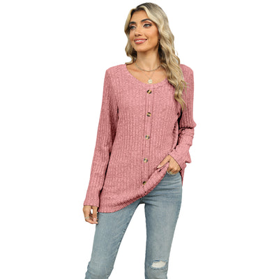 Women's Single-breasted Round Neck Long-sleeved T-shirt