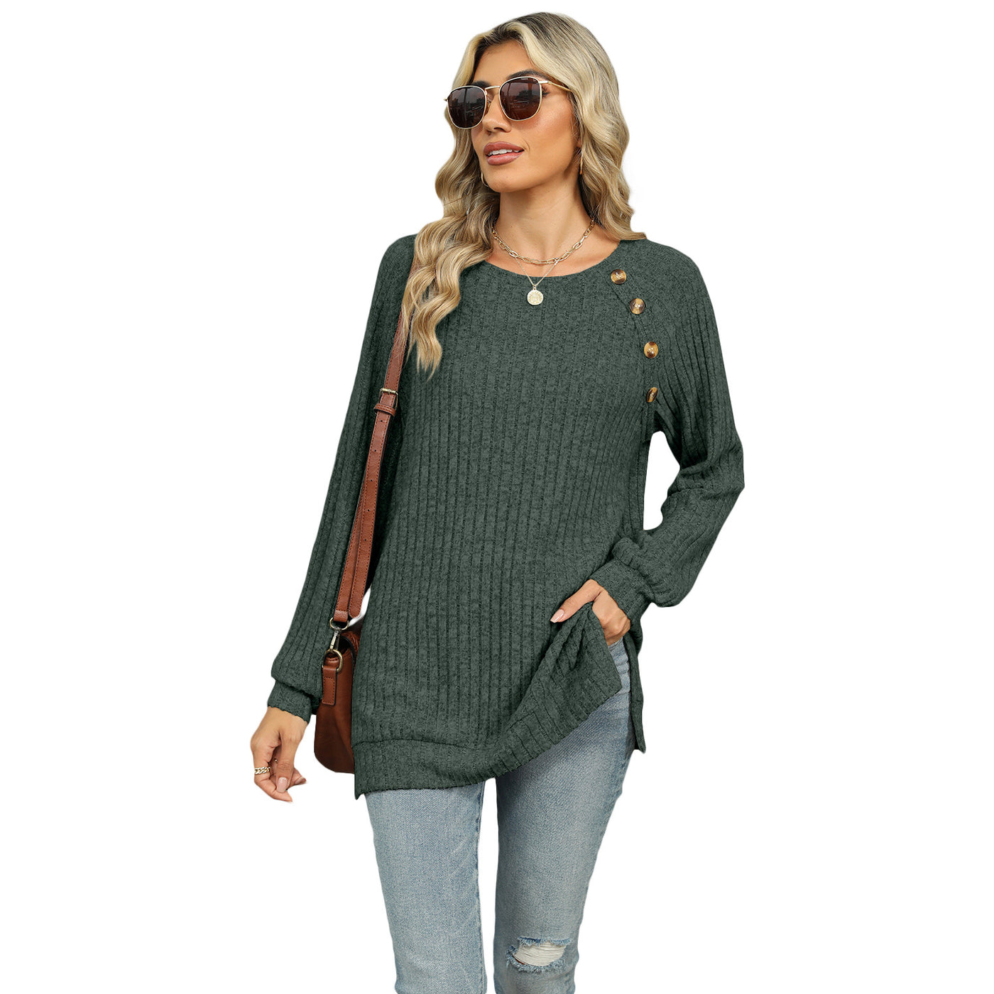 Solid Color T-shirt Split Top