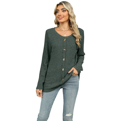 Women's Single-breasted Round Neck Long-sleeved T-shirt