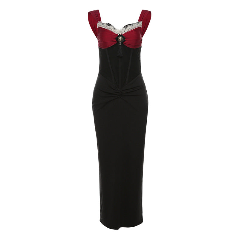Women's Retro Long Dress Contrast Color Tight Waist Dress