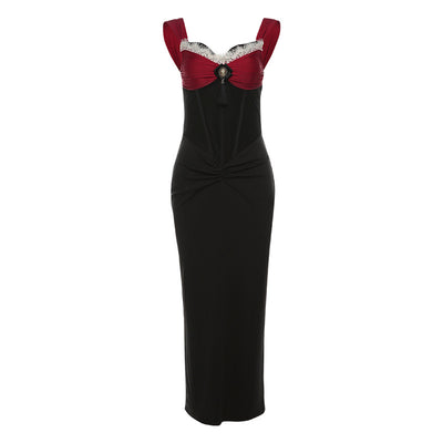 Women's Retro Long Dress Contrast Color Tight Waist Dress