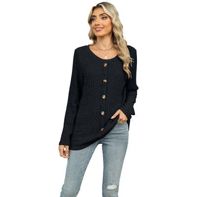 Women's Single-breasted Round Neck Long-sleeved T-shirt