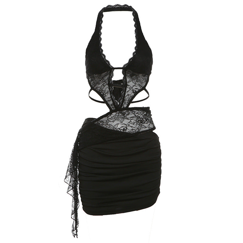 Women's Hollow-out Halter Lace Overall Dress Set