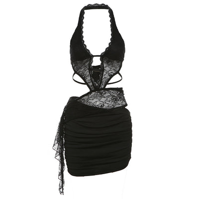 Women's Hollow-out Halter Lace Overall Dress Set