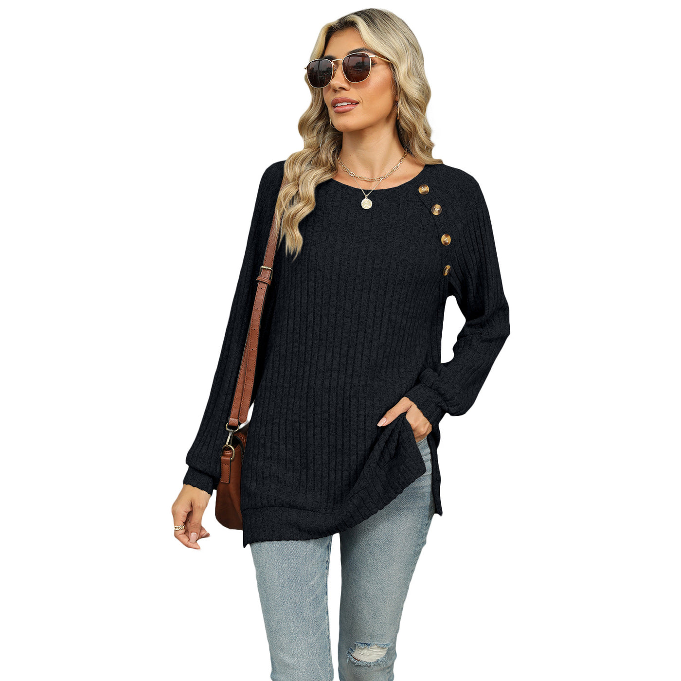 Solid Color T-shirt Split Top