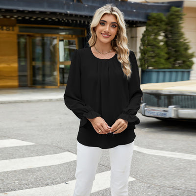 Women's Round Neck Long Sleeve Loose Chiffon Shirt Top