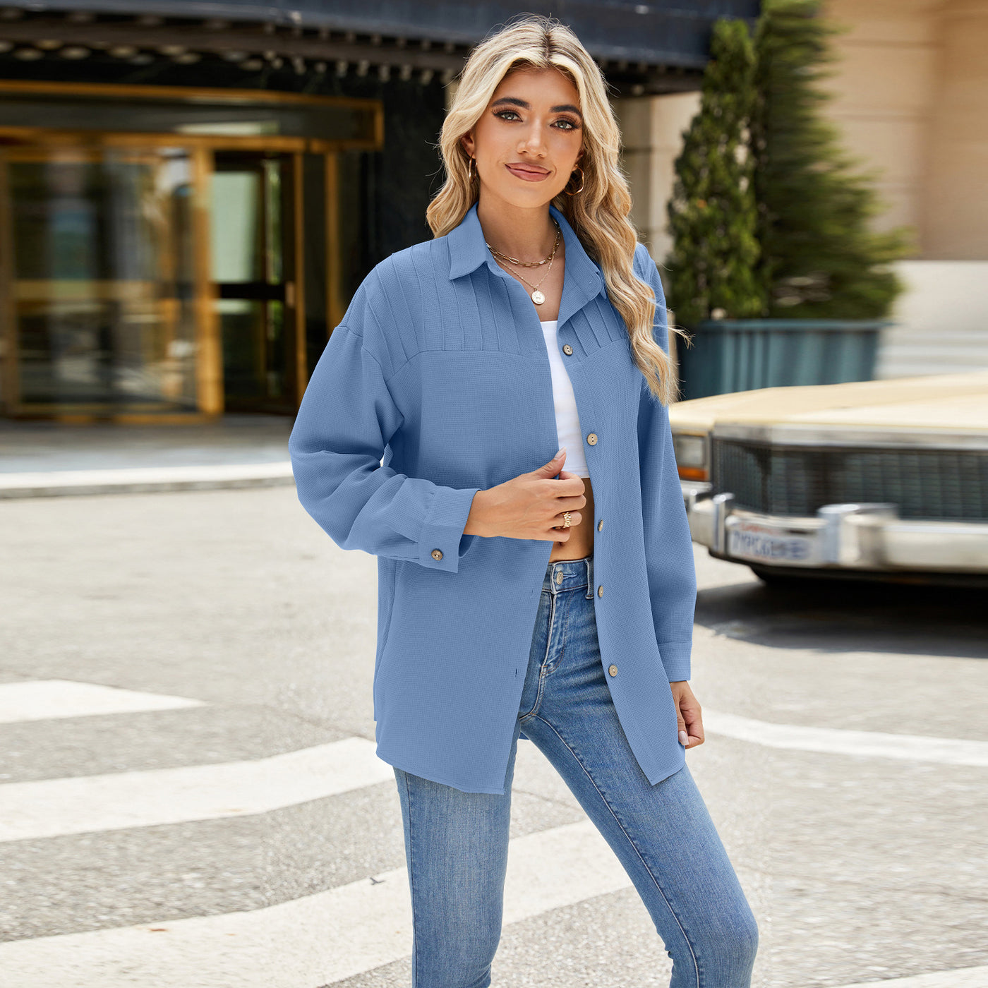 Single-breasted Loose Long Sleeve Solid Color Shirt