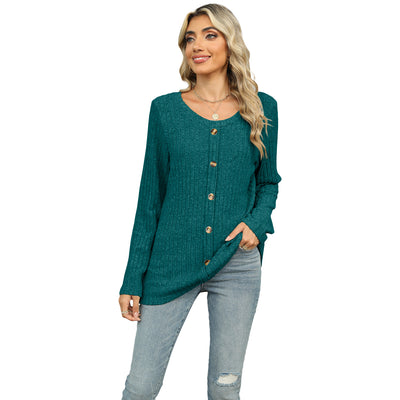 Women's Single-breasted Round Neck Long-sleeved T-shirt
