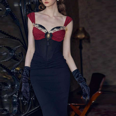 Women's Retro Long Dress Contrast Color Tight Waist Dress