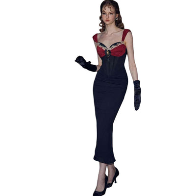 Women's Retro Long Dress Contrast Color Tight Waist Dress