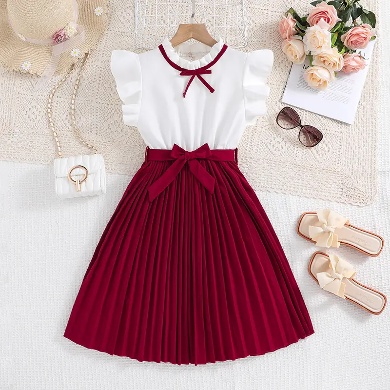 Casual Short Sleeve Solid Bow Dresses for Girls
