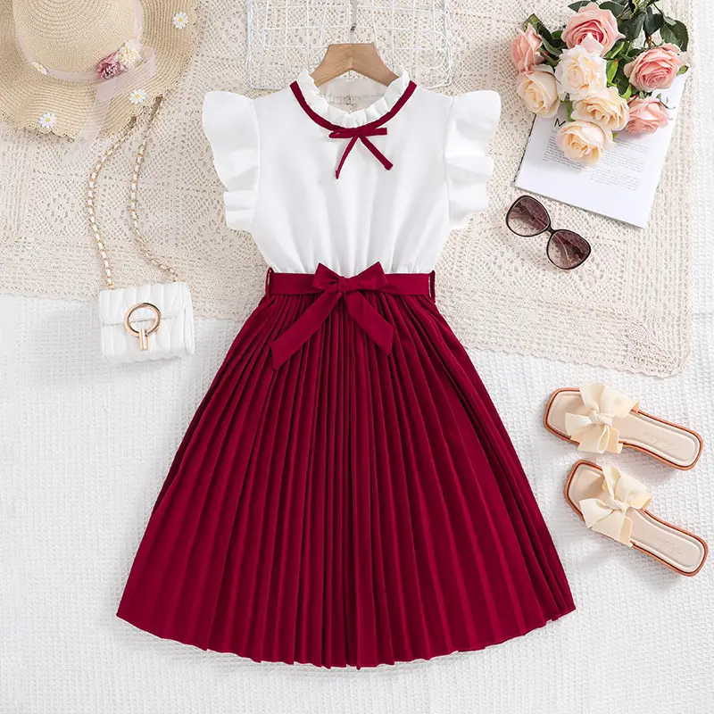 Teen Girls Dresses Clothes Fly Sleeve Solid Color Casual Princess Dress For Children