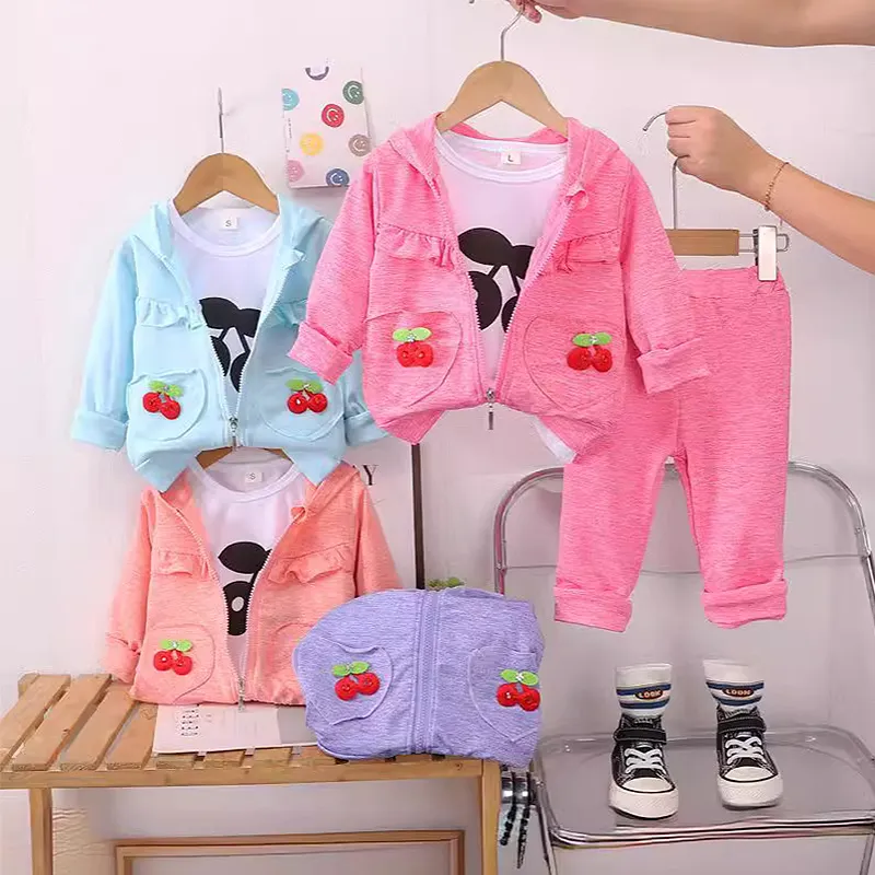 Children Outfits 3pcs Jacket Shirt and Pants Print Sweet Girls Clothes Sets