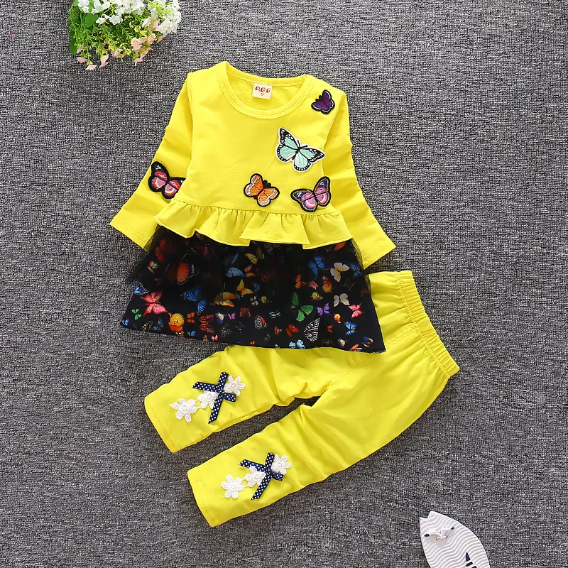 Butterfly Cotton Long Sleeve Girl Clothing Set Solid Color