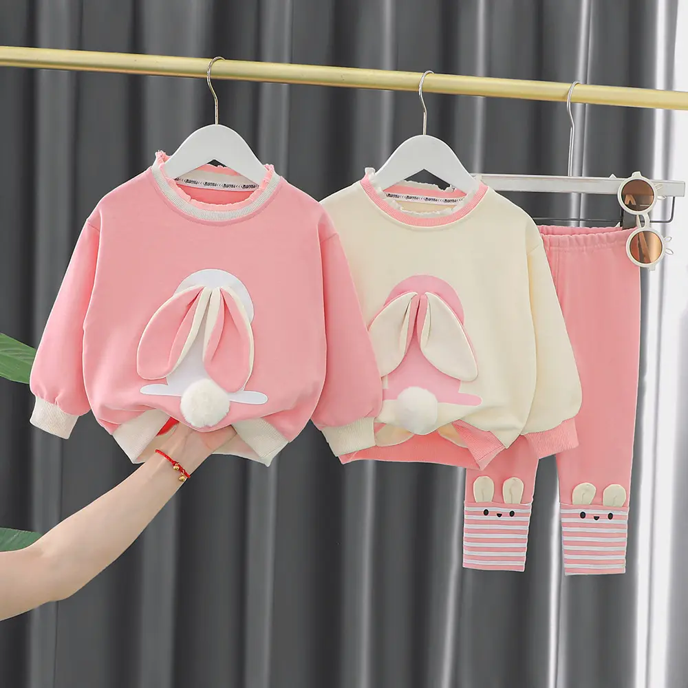 Girls Boutique Clothes Wholesale Long Sleeve Bowknot Tops Trousers 2Pcs Cute Cotton