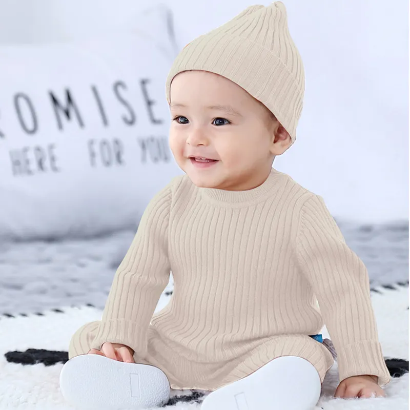 Cotton O-Neck Solid Color Baby Girls Boys Long Sleeve Clothes Knitted Winter 3PCS