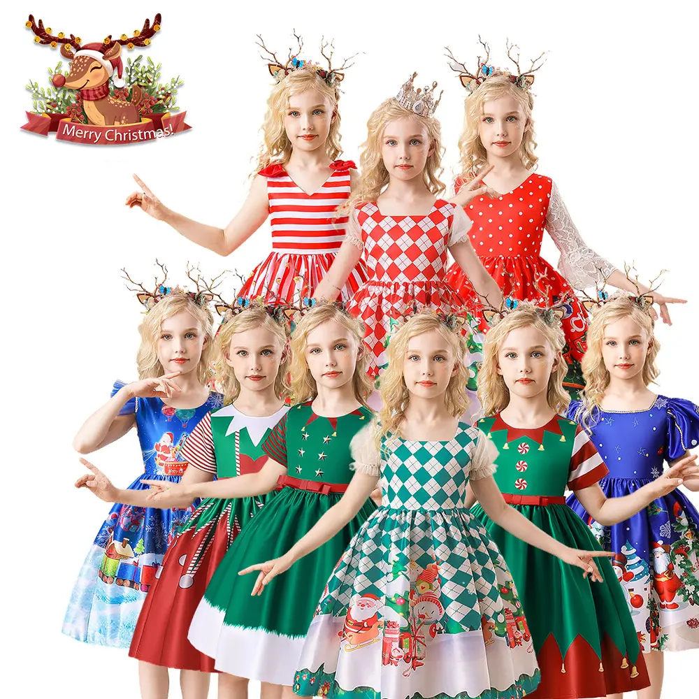 Children's Printed Fashion Christmas Dress Wholesale Babi Girl Clothes With Bow Princess Dress