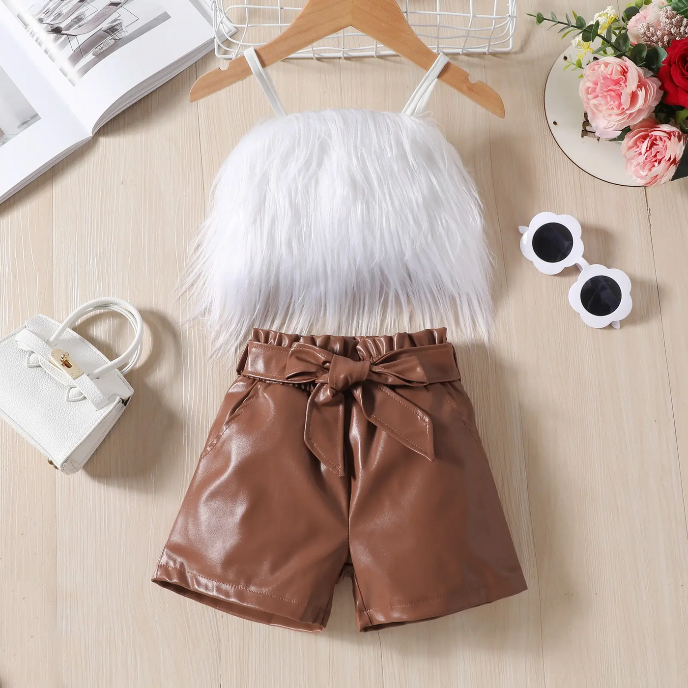 New Arrival 2pcs Set Girls Tank Top PU Leather Shorts Set Girls Clothing Sets Solid Colors