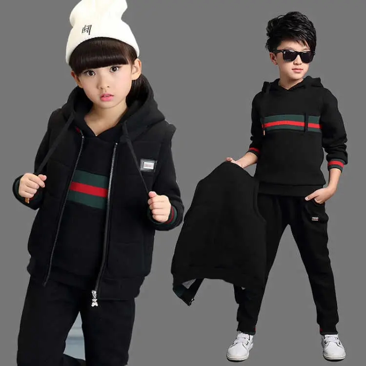 Kids Winter Boys Clothing Set Solid Colors Waistcoat + Hoodies + Pants 3Pcs Suit