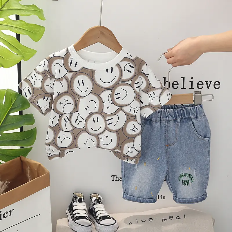 New Arrival Fashion Cotton Short Sleeve T-shirt Denim Shorts Cartoon Baby Boy Two Piece Summer Clothing Set